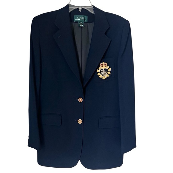 Lauren Ralph Lauren Jackets & Blazers - Lauren Ralph Lauren Navy Blue Preppy Academia Gold Logo Crest Wool Blazer sz 10